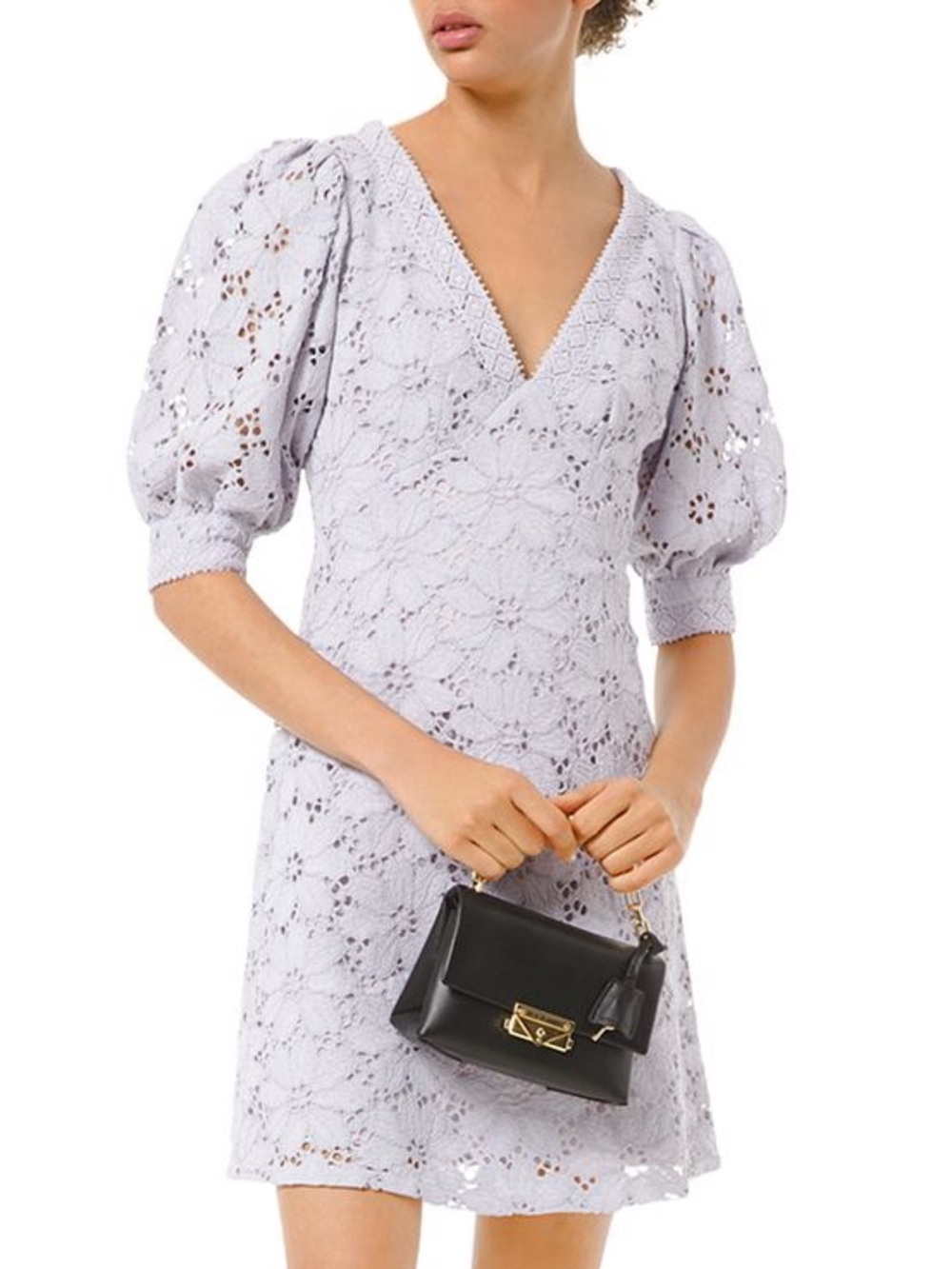 MICHAEL Michael Kors Floral Lace Puff Sleeve‎ Mini Dress Lavender Mist Large NWT